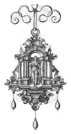 Foto de Colgante con Diana, Hans Collaert (I), 1555 - 1576 Una de las 9 hojas, de una serie de 12. Seis hojas tienen una figura en el nicho. Tres perlas cuelgan de cada colgante. - Imagen libre de derechos