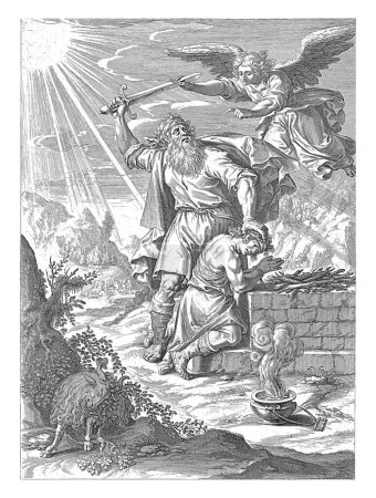 Foto de Abraham levanta su espada para matar a su hijo Isaac, que se arrodilla ante el altar con las manos atadas. Un ángel lo detiene y señala un carnero que puede ser sacrificado. - Imagen libre de derechos