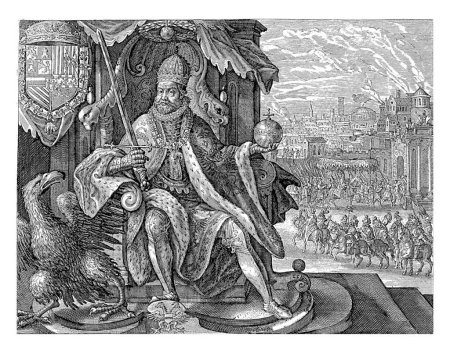 Rodolfo II de Habsburgo, Crispijn van de Passe (II), después de Crispijn van de Passe (I), 1611 Rodolfo II de Habsburgo entronizado bajo una corona de laurel. En su mano izquierda sostiene un orbe.