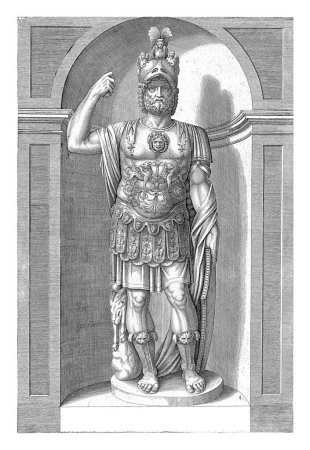 Statue des Pyrrhus, König von Epirus als Kriegsgott Mars. Pyrrhus von Epirus steht in voller Rüstung. Er trägt einen griechischen Helm und hält einen Schild in der linken Hand. Die Statue befindet sich in einer Nische.