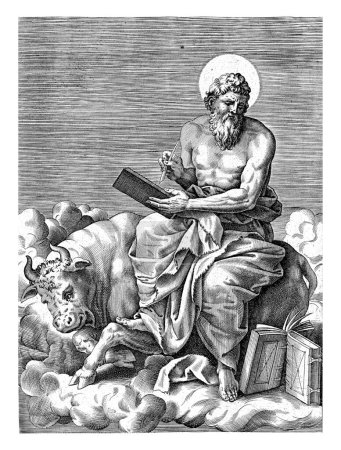 The Evangelist Luke among the clouds sitting on his attribute, one of the four apocalyptic creatures, the ox. Print from a series of four.