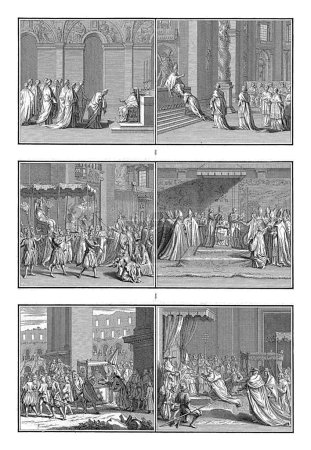 Photo for Installation and coronation of a new pope, Bernard Picart (workshop of), after Bernard Picart, 1725 Sheet with six representations of the events following the election of a new pope. - Royalty Free Image