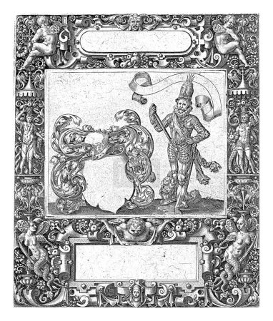 Téléchargez les photos : Cadre avec un cartouche allongé avec des côtés arrondis au centre supérieur, Theodor de Bry, 1593 Au centre inférieur se trouve un cartouche rectangulaire. Il y a un ange en haut à gauche et en haut à droite. - en image libre de droit
