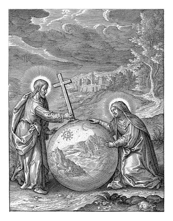 Foto de Cristo y María por un orbe en un paisaje, Hieronymus Wierix, después de Hendrik van Balen, 1563 - antes de 1619 Paisaje con Cristo como salvador Mundi y la Virgen María. - Imagen libre de derechos