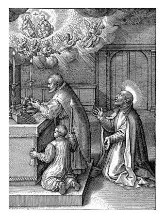 Ignacio de Loyola tiene una visión de la Trinidad, Jerónimo Wierix, 1611 - 1615 Ignacio de Loyola se arrodilla detrás del sacerdote durante la celebración de la misa.