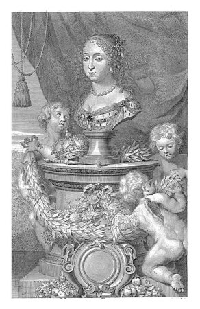 Téléchargez les photos : Portrait d'Hedwig Eleonora, reine de Suède, en forme de buste sur un piédestal. Sur le piédestal fleuri se trouvent sa couronne, son sceptre et une guirlande. - en image libre de droit