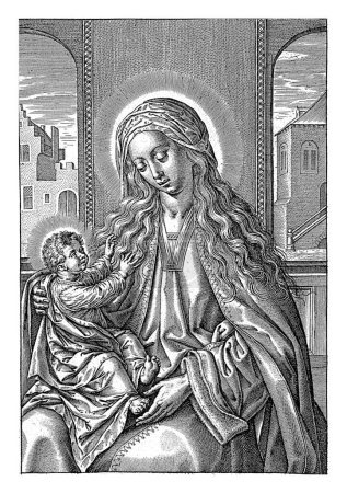 Marie avec le Christ Enfant sur son tour, Hieronymus Wierix, 1563 - avant 1619 Marie est assise avec le Christ Enfant sur ses genoux dans une loggia. L'Enfant tend la main vers son visage.