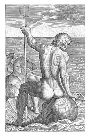 Meeresgott Neptun, Philips Galle, 1586. Der Meeresgott Neptun sitzt auf einer von Seepferdchen gezogenen Schale. Der Druck ist Teil einer siebzehnteiligen Serie über Fluss- und Meeresgötter.