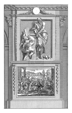 Foto de Apóstol Bernabé, Jan Luyken, después de Jan Goeree, 1698 El apóstol Bernabé señalando a un ángel que lleva un libro a él. Bernabé está parado sobre un pedestal. - Imagen libre de derechos