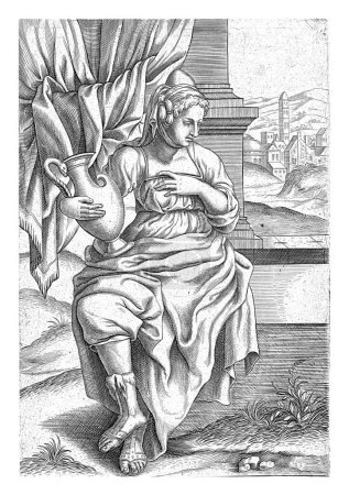 Téléchargez les photos : La Sibylle Delphique assise avec un pichet dans son bras droit. En arrière-plan un rideau et une vue sur une ville. L'impression fait partie d'une série en dix parties sur les Sibyls. - en image libre de droit