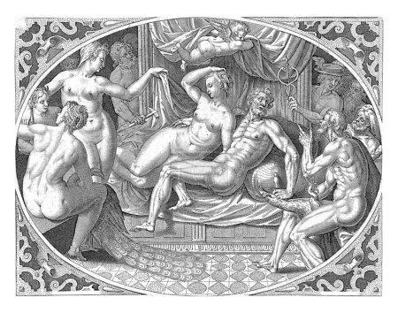 Foto de Venus y Marte atrapados en adulterio, Jan Collaert (II), después de Philips Galle, 1576 - 1628 Marco oval con Venus y Marte, desnudos en la cama, rodeados por los otros dioses. - Imagen libre de derechos