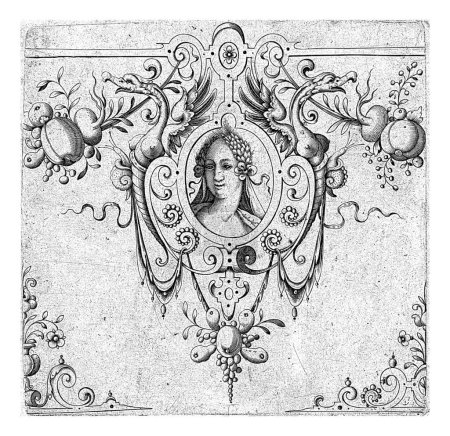 Foto de Medallón oval con cabeza de mujer, Adriaen Muntinck, 1615 El medallón está flanqueado por dos arpías. - Imagen libre de derechos