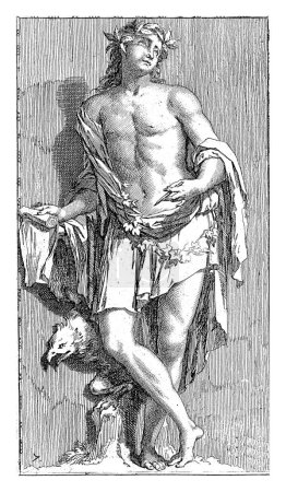 Un joven semidesnudo con un pergamino en la mano derecha y hojas alrededor de la cabeza y la cintura como personificación de la poesía.