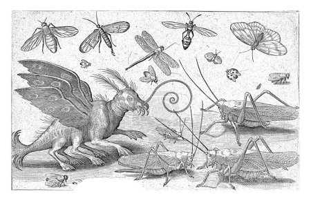 Grasshoppers and fantasy creature with wings and webbed feet, Nicolaes de Bruyn, 1594