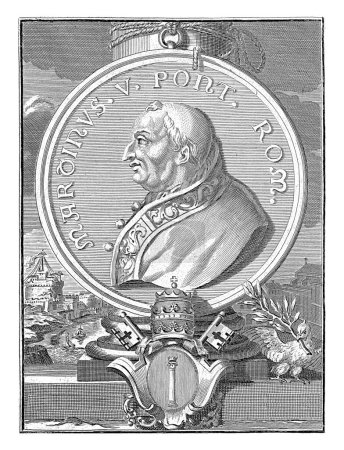 Photo for Medal with the portrait of Pope Martin V. At the bottom his coat of arms. A pigeon with an olive branch sits on the plinth. In the background a view of Rome. - Royalty Free Image