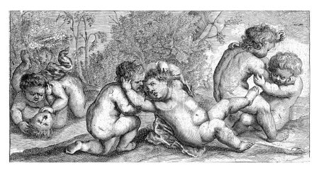 Photo for Three Pairs of Naked Children Playing, Joseph Antoine Cochet, after Johannes Popels, c. 1633 - c. 1663 Three pairs of naked children frolicking, probably from a print series with the five senses. - Royalty Free Image