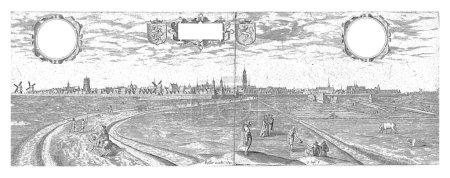 Téléchargez les photos : Vue de Leeuwarden du Sud, 1602, Pieter Bast, 1645 Au premier plan, neuf personnes dispersées çà et là. Dans les airs trois cartouches avec des inscriptions. - en image libre de droit