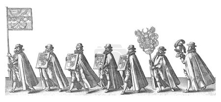 Sie tragen ein Banner mit gekreuzten Ankern und dem Motto Je Maintendray, vier Wappen von Nassau