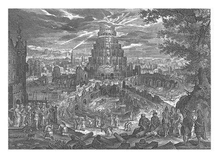 Téléchargez les photos : Nimrod fait construire la Tour de Babel, Jan van Londerseel, d'après Dirck Aertsz., 1601 - 1702 La Tour de Babel est construite sous la supervision du roi Nimrod. - en image libre de droit