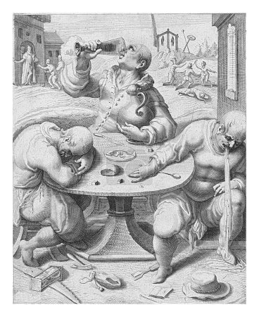 Téléchargez les photos : Trois hommes s'assoient à une table ronde ; le droit de la paire vomit sur le sol, le milieu tient un pichet dans son bras et boit dans un verre, le gauche dort. - en image libre de droit