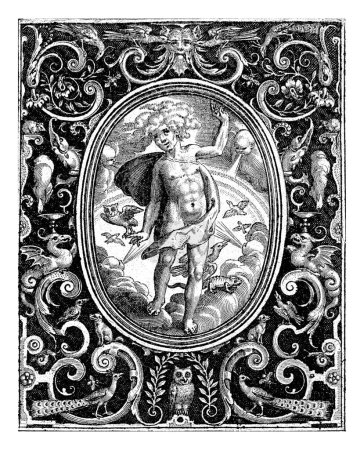 Elemento del aire como un hombre joven de pie sobre nubes con pájaros en un marco con ornamentos, Nicolaes de Bruyn, 1581 - 1656 El elemento del aire como un hombre joven de pie sobre nubes con búho.