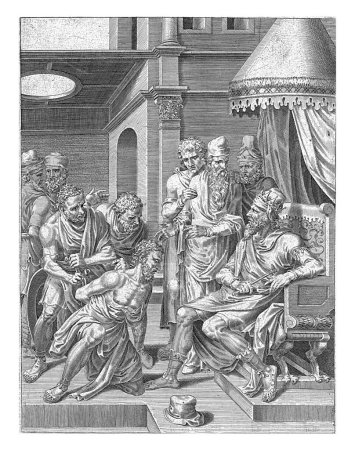 Foto de Reprimenda y condena del sirviente ingrato, Dirck Volckertsz. Coornhert, después de Maarten van Heemskerck, 1554 - 1612 El rey se sienta en un trono. - Imagen libre de derechos