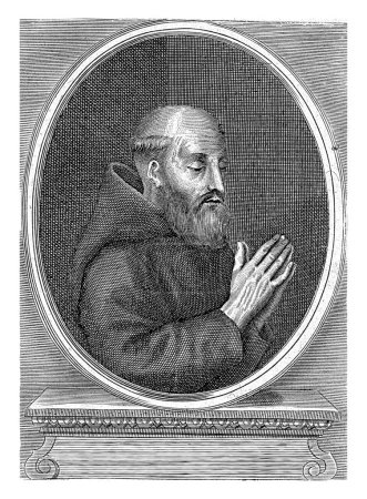 Foto de Retrato del fraile capuchino y predicador Marco de Aulano, de 49 años. En el pedestal un título de tres líneas en holandés. - Imagen libre de derechos