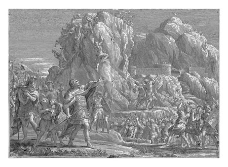 Téléchargez les photos : L'armée d'Alexandre le Grand se trouve aux portes de la ville rocheuse égyptienne de Petra. Il y a encore de violents combats sur les roches.Alexandre se tient debout et surplombe les batailles et la ville. - en image libre de droit