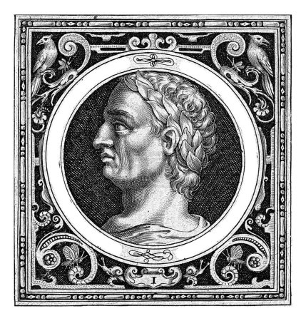 Photo for Portrait of Julius Caesar as an ancient general in a medallion within a rectangular frame with ornaments in the form of monkeys, fantasy creatures and butterflies - Royalty Free Image