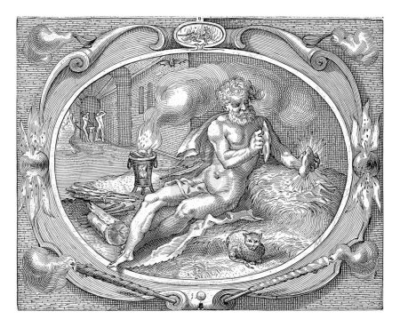 Photo for Fire (Ignis), Jacob Matham (workshop of), after Jacob Matham, 1606 - 1610 The personification of the element fire (ignis): a man knocks flints together next to a fire pit. - Royalty Free Image