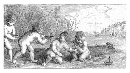 Téléchargez les photos : Enfants jouant avec des bateaux, Joseph Antoine Cochet, d'après Johannes Popels, c. 1645 - c. 1670 Quatre garçons nus jouent avec des bateaux sur l'eau. Probablement imprimer à partir d'une série d'impression avec les éléments. - en image libre de droit