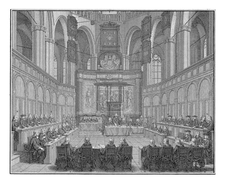 Synode in der Nieuwe Kerk in Amsterdam, 1730, Jan Caspar Philips, 1738 - 1739 Synode der Kirchen Nordhollands, gehalten im Chor der Nieuwe Kerk in Amsterdam, 1730.