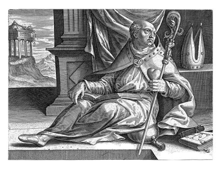 Téléchargez les photos : Saint Augustin d'Hippone a un livre ouvert sur ses genoux. Il porte le manteau de l'évêque. Dans sa main, il tient un cœur (symbole de sa foi) et la crosse de l'évêque. - en image libre de droit