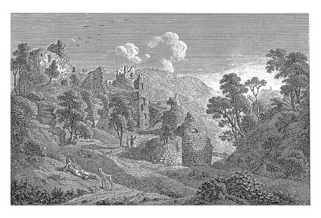 Foto de Vista de las ruinas del castillo de Hartenburg, Jakob Wilhelm Christian Roux, 1822, grabado vintage. - Imagen libre de derechos