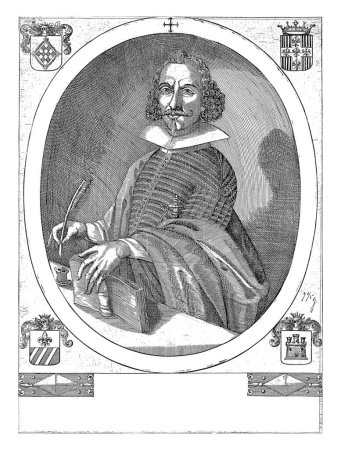 Téléchargez les photos : Portrait de l'historien Filadelfo Mugnos à l'âge de 40 ans, Francesco Negri, d'après Honuphrius Tantillus, en 1647 ou après Quatre armoiries dans les coins. - en image libre de droit