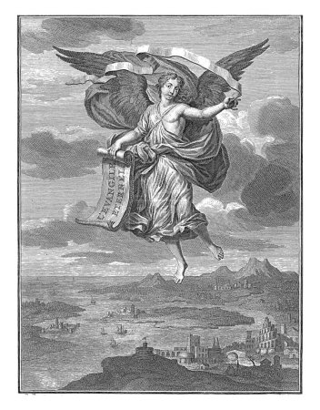 Téléchargez les photos : Flying Angel in a Landscape, Gilliam van der Gouwen, d'après Bernard Picart, 1703 A Flying Angel in a Landscape. Dans ses mains deux bandes avec des textes latins. - en image libre de droit