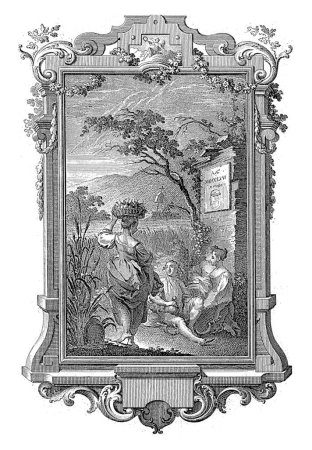 Foto de Augustus, Johann Esaias Nilson, 1766 En un marco rocoso con guirnaldas una escena con gente que descansa. En un paisaje, un hombre y dos mujeres están sentados con sus hoces y bebiendo una botella.. - Imagen libre de derechos