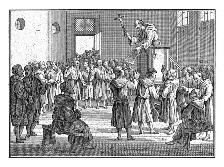 Foto de Predicación de Volkspreacher Johannes Brugman, Barent de Bakker, después de Hermanus Petrus Schouten, 1782 Volkspreacher Johannes Brugman está vestido como un monje franciscano en un púlpito con un crucifijo. - Imagen libre de derechos