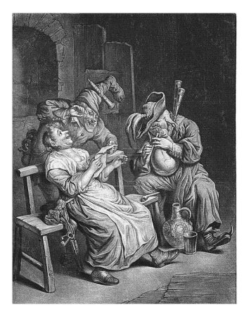 Photo for The audience, Cornelis Dusart, 1670 - 1704 A bagpipe player and a singing man and woman make music together. The man has an inverted boot on his head. - Royalty Free Image