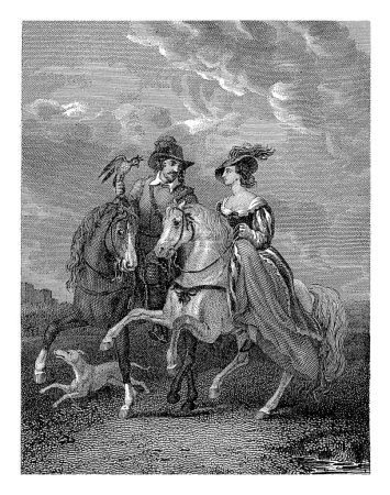 Téléchargez les photos : Couple pendant une fauconnerie, Philippus Velijn, 1832 Une cavalière à côté d'un homme avec un faucon sur le bras à cheval. Un chien à gauche. - en image libre de droit