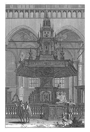 Téléchargez les photos : Chaire de la nouvelle église d'Amsterdam, Jan Goeree, 1680 - 1731 Vue de la chaire de la nouvelle église d'Amsterdam. Au premier plan, quelques fidèles. - en image libre de droit