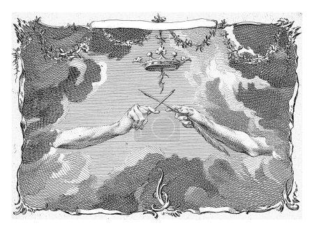 Foto de Lápiz conquista la pluma, anónima, 1821 - 1874 Viñeta con las dos manos en el aire, una con lápiz, la otra con pluma, cruzando las espadas. Viñeta de Moses Polak. - Imagen libre de derechos
