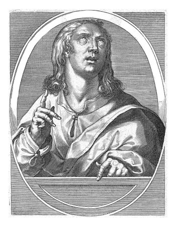 Téléchargez les photos : Natan, Cornelis Galle (I), d'après Jan van der Straet, 1613 Le prophète Natan, il fait un haut-parleur avec sa main, en ovale avec l'écriture de bord latin. - en image libre de droit
