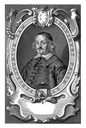 Téléchargez les photos : Portrait d'Atanasio Ridolfi, Pieter de Jode (II), d'après Anselm van Hulle, 1649 Buste portrait d'Atanasio Ridolfi, avec kalot. Le portrait est encadré dans un cadre ovale avec les armoiries. - en image libre de droit