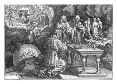 Foto de La vejez y la muerte, Pieter Jalhea Furnius, después de Jan van der Straet, 1570 Un hombre adulto se sienta de rodillas frente a una mesa con las manos cruzadas - Imagen libre de derechos