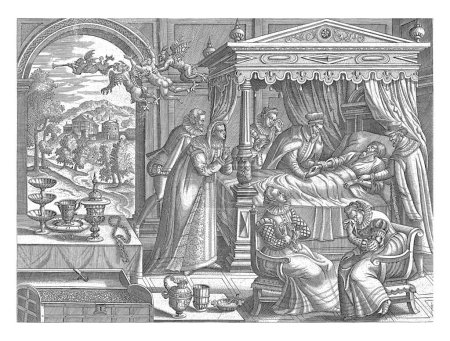 Téléchargez les photos : Lit de mort de l'homme riche, anonyme, Pieter van der Borcht (I), vers 1575 - vers 1599 L'homme riche se trouve dans un lit à baldaquin, entouré de médecins et de femmes en pleurs. - en image libre de droit
