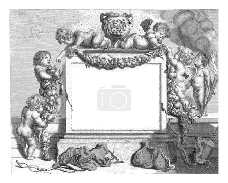Téléchargez les photos : Putti décorer un monument avec des guirlandes, Michiel Mosijn, d'après Gerbrand van den Eeckhout, 1640 - 1655 - en image libre de droit