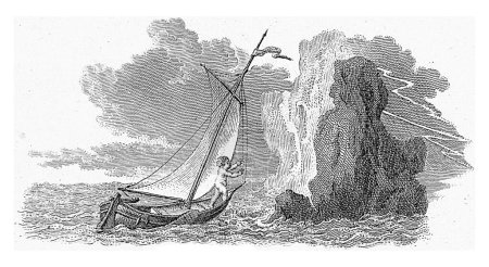 Foto de Portada de: Rhijnvis Feith 'Ferdinand and Constantia, volume 1', 1785, Reinier Vinkeles (I), 1785 Un putto navega hacia una roca dentada durante una tormenta. - Imagen libre de derechos