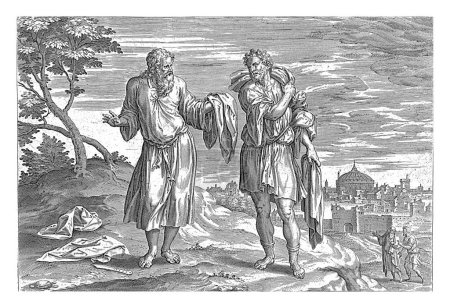 Jerobeam und der Prophet Ahija, Hans Collaert (I) (zugeschrieben), nach Ambrosius Francken (I), 1585 Der Prophet Ahija hat sein Gewand in zwölf Stücke zerrissen und gibt Jerobeam zehn Stücke.