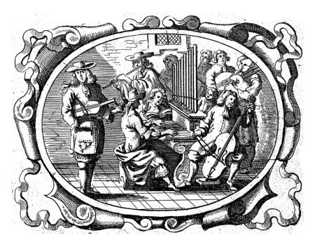 Foto de Adversity Teaches Prayer, Gaspar Bouttats, 1679 Página de un libro (p.19) con texto en verso. En un cartucho oval una orquesta de cámara en acción. - Imagen libre de derechos